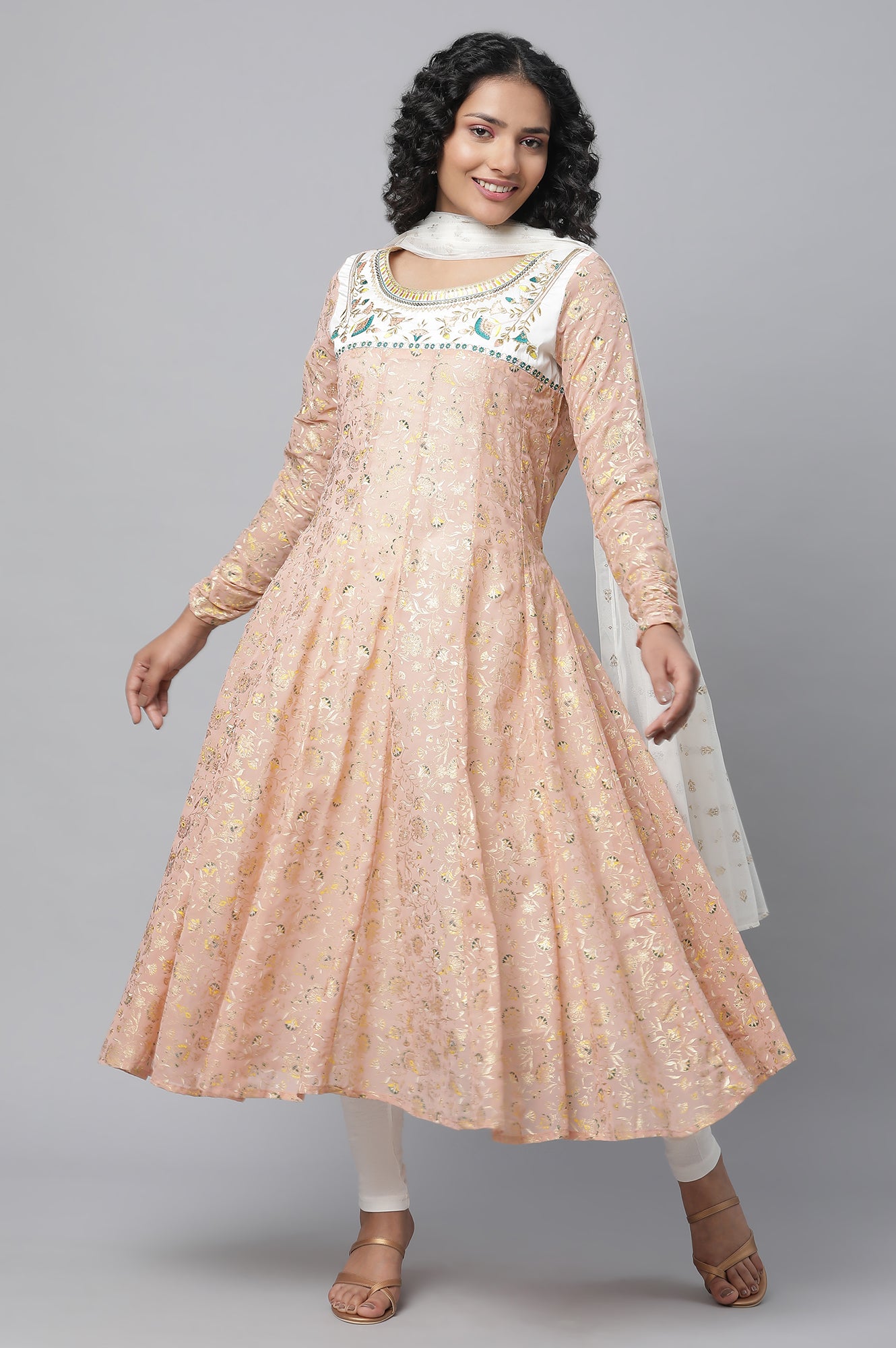 Peach Floral Foil Printed Festive Anarkali kurta, Tights And Dupatta Set