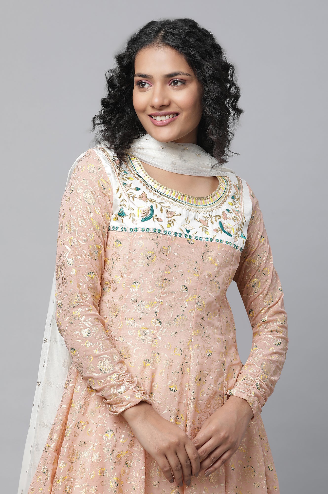 Peach Floral Foil Printed Festive Anarkali kurta, Tights And Dupatta Set