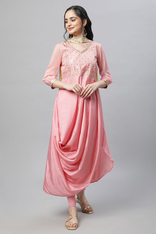 Pink Festive Drap Kurta, Tights & Dupatta Set