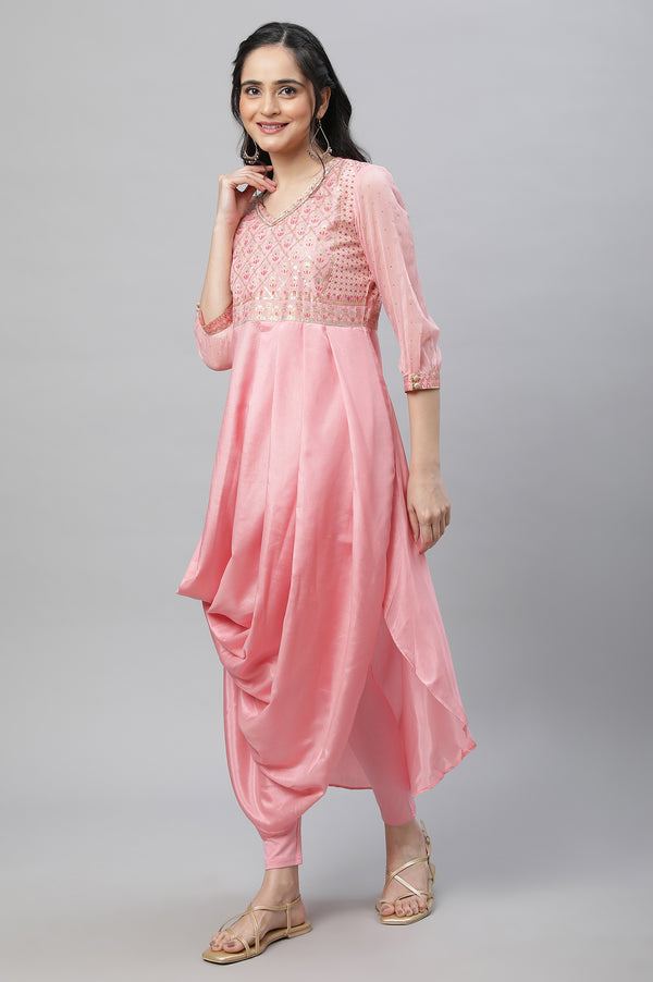 Pink Festive Drap Kurta, Tights & Dupatta Set