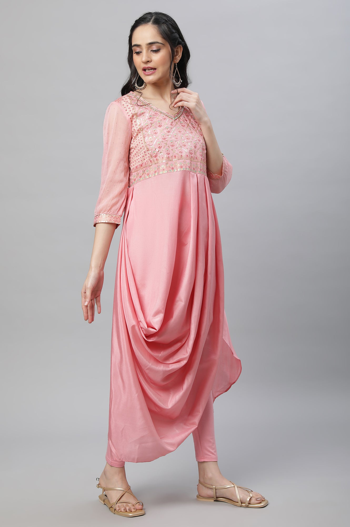 Pink Festive Drap Kurta, Tights &amp; Dupatta Set