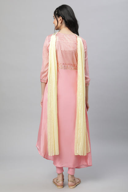 Pink Festive Drap Kurta, Tights &amp; Dupatta Set