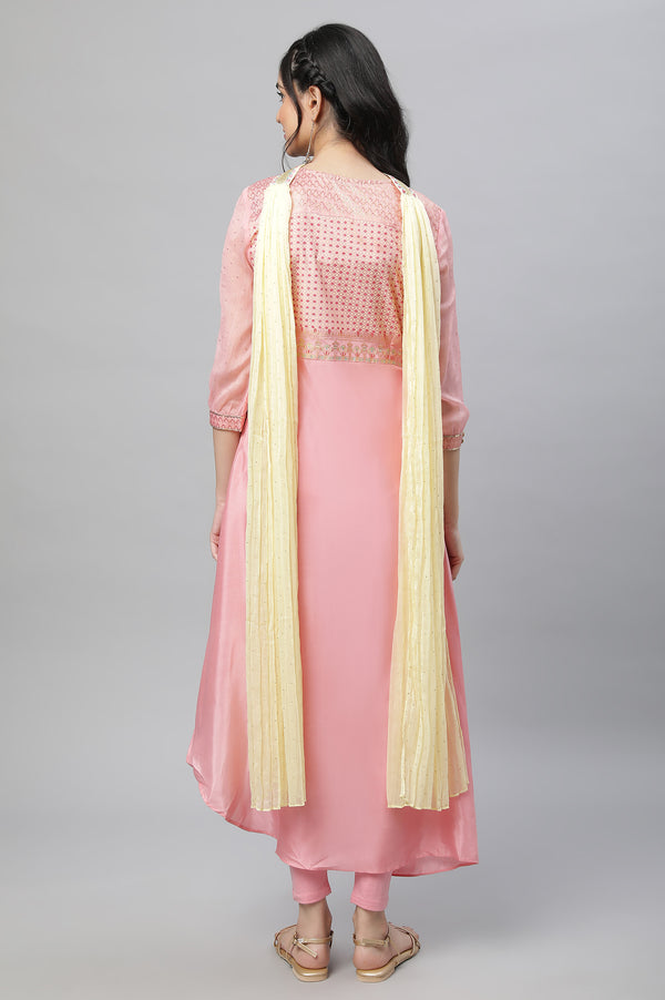 Pink Festive Drap Kurta, Tights & Dupatta Set