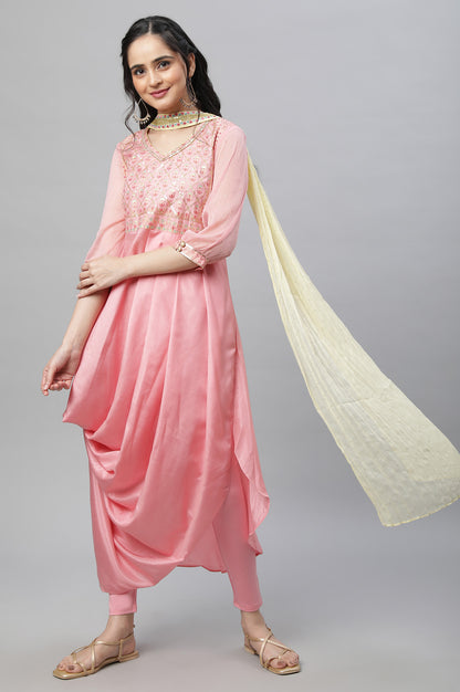 Pink Festive Drap Kurta, Tights &amp; Dupatta Set