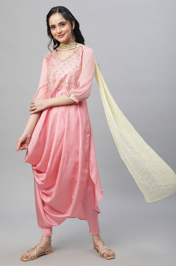 Pink Festive Drap Kurta, Tights & Dupatta Set
