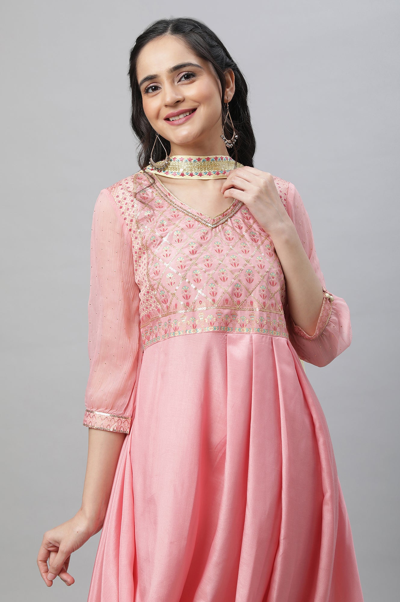 Pink Festive Drap Kurta, Tights &amp; Dupatta Set