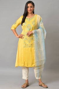 Yellow Embroidered kurta With Natural Trousers And Dupatta
