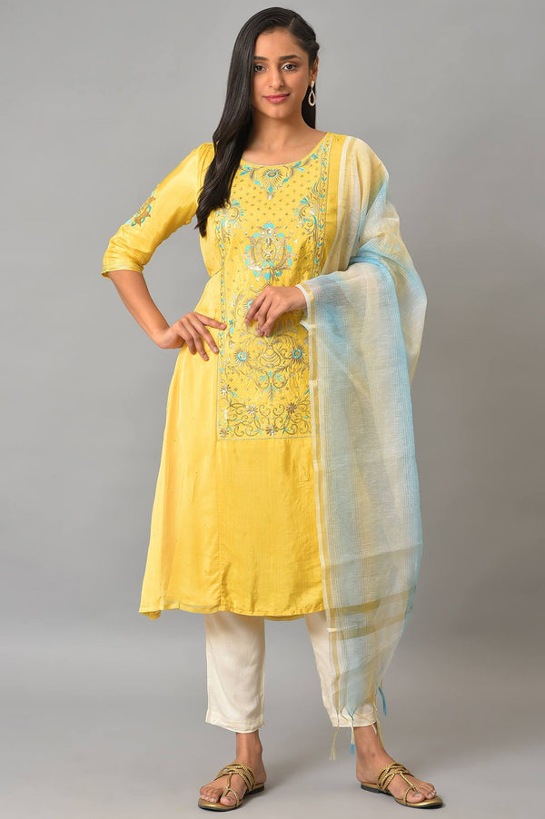 Yellow Embroidered kurta With Natural Trousers And Dupatta