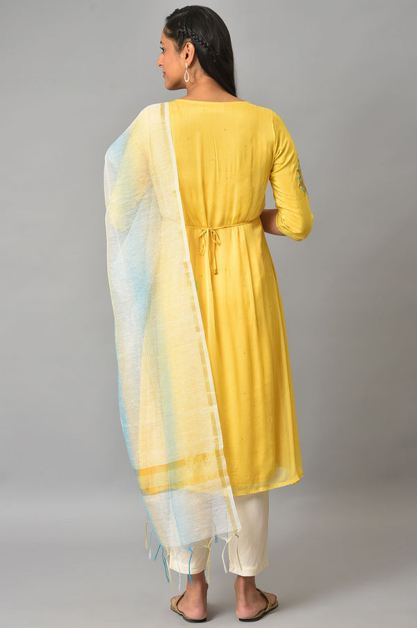 Yellow Embroidered kurta With Natural Trousers And Dupatta