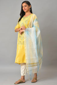 Yellow Embroidered kurta With Natural Trousers And Dupatta