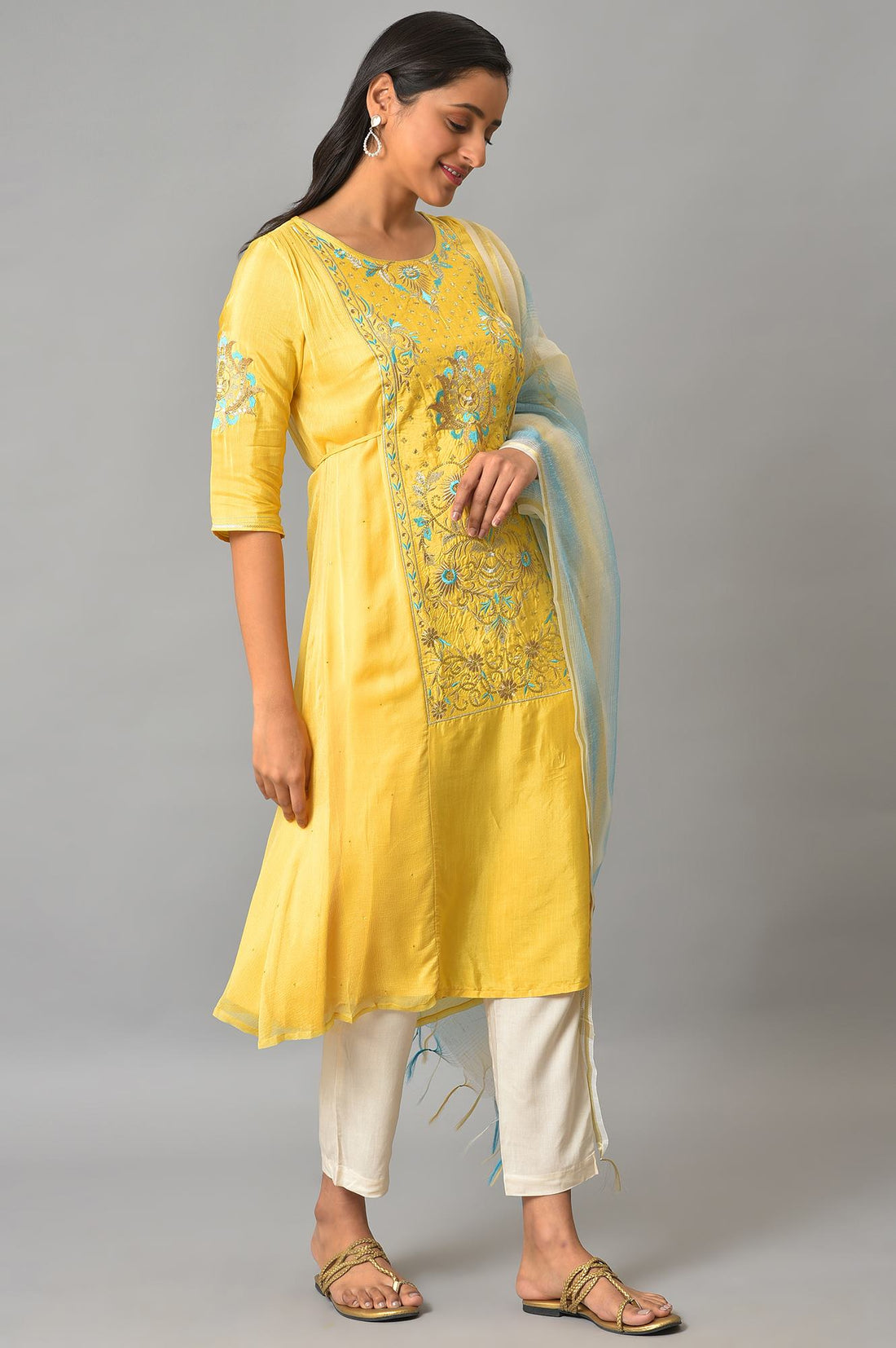 Yellow Embroidered kurta With Natural Trousers And Dupatta