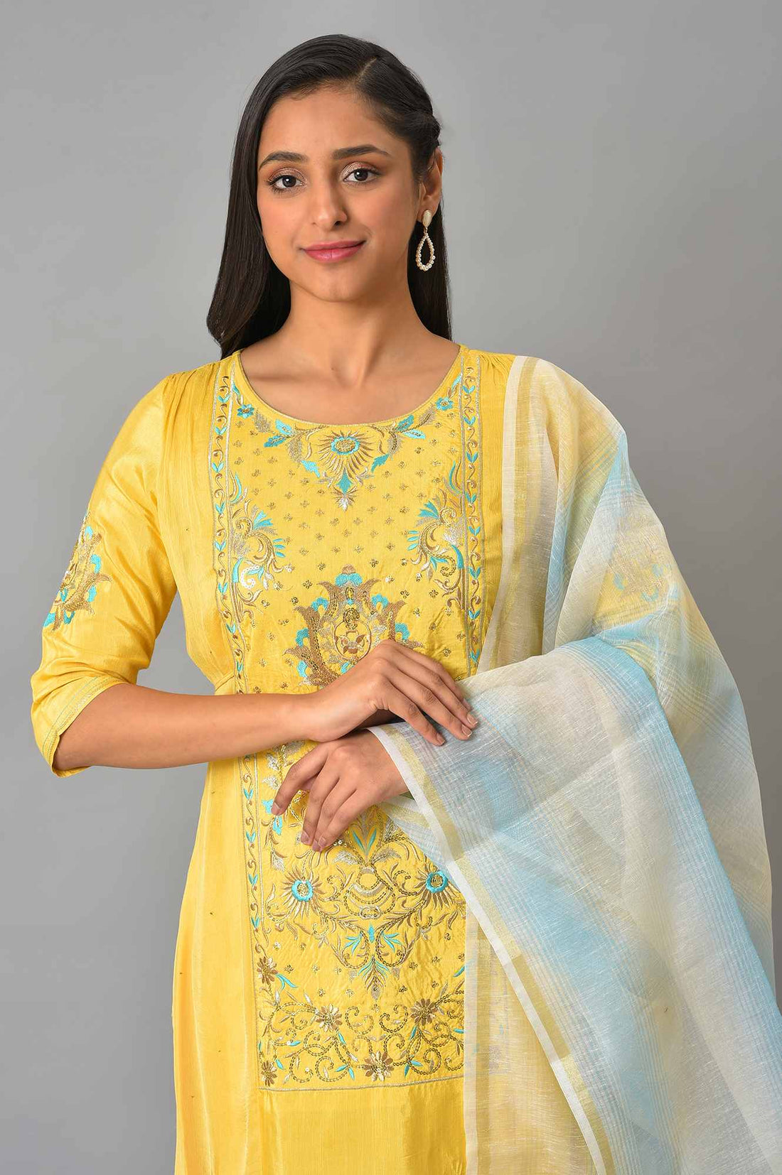 Yellow Embroidered kurta With Natural Trousers And Dupatta