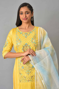 Yellow Embroidered kurta With Natural Trousers And Dupatta