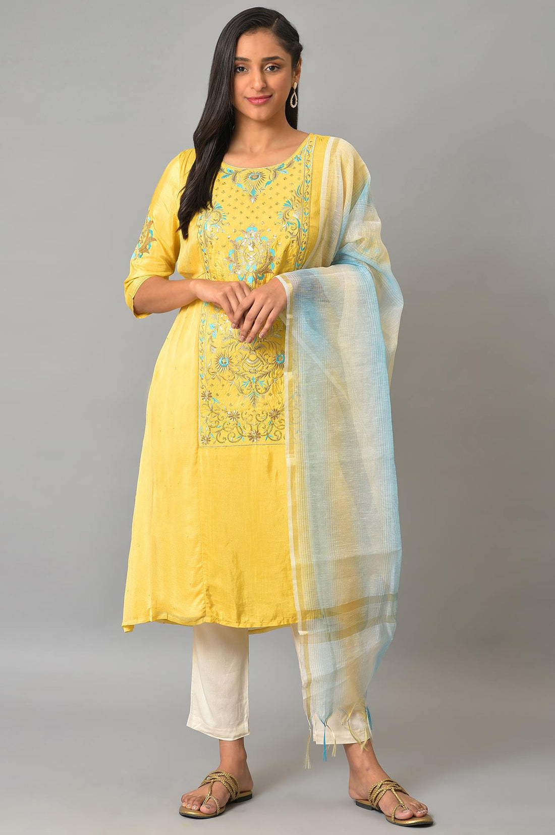 Yellow Embroidered kurta With Natural Trousers And Dupatta