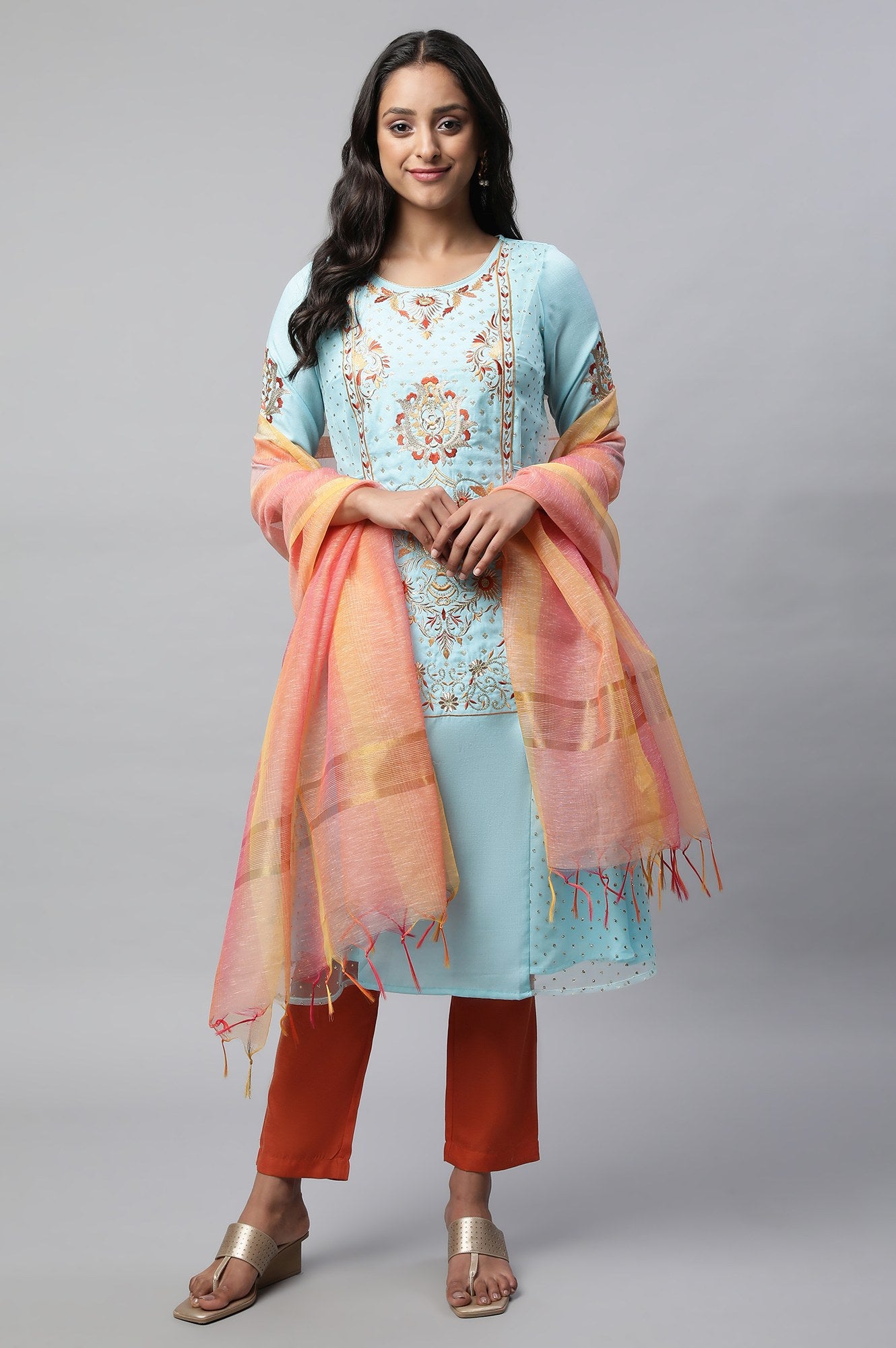 Blue Embroidered kurta With Orange Trousers And Dupatta