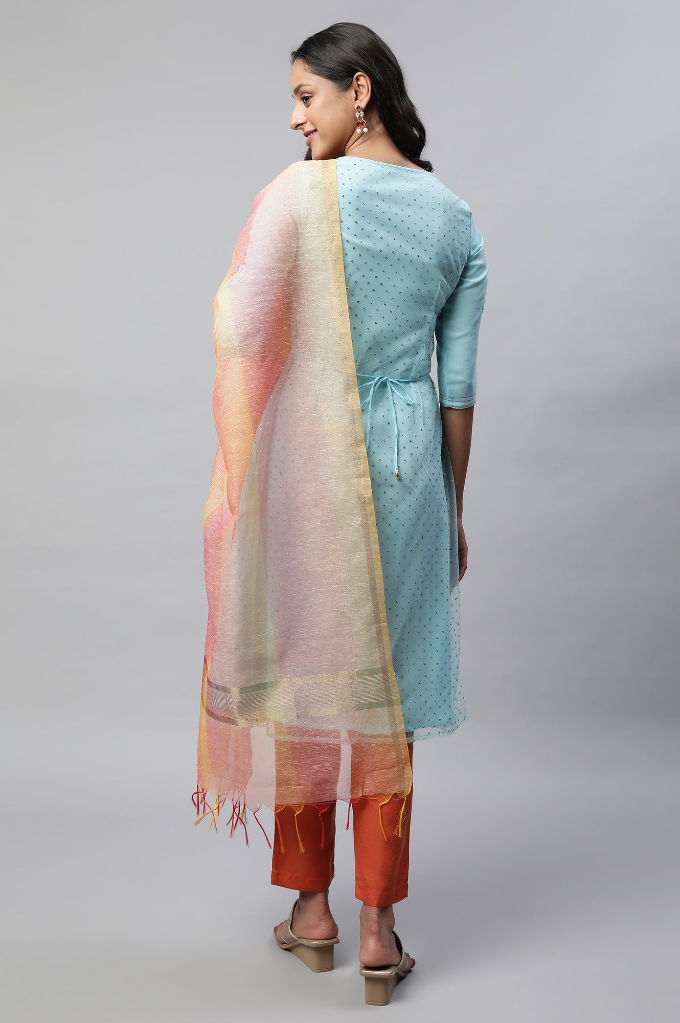 Blue Embroidered kurta With Orange Trousers And Dupatta