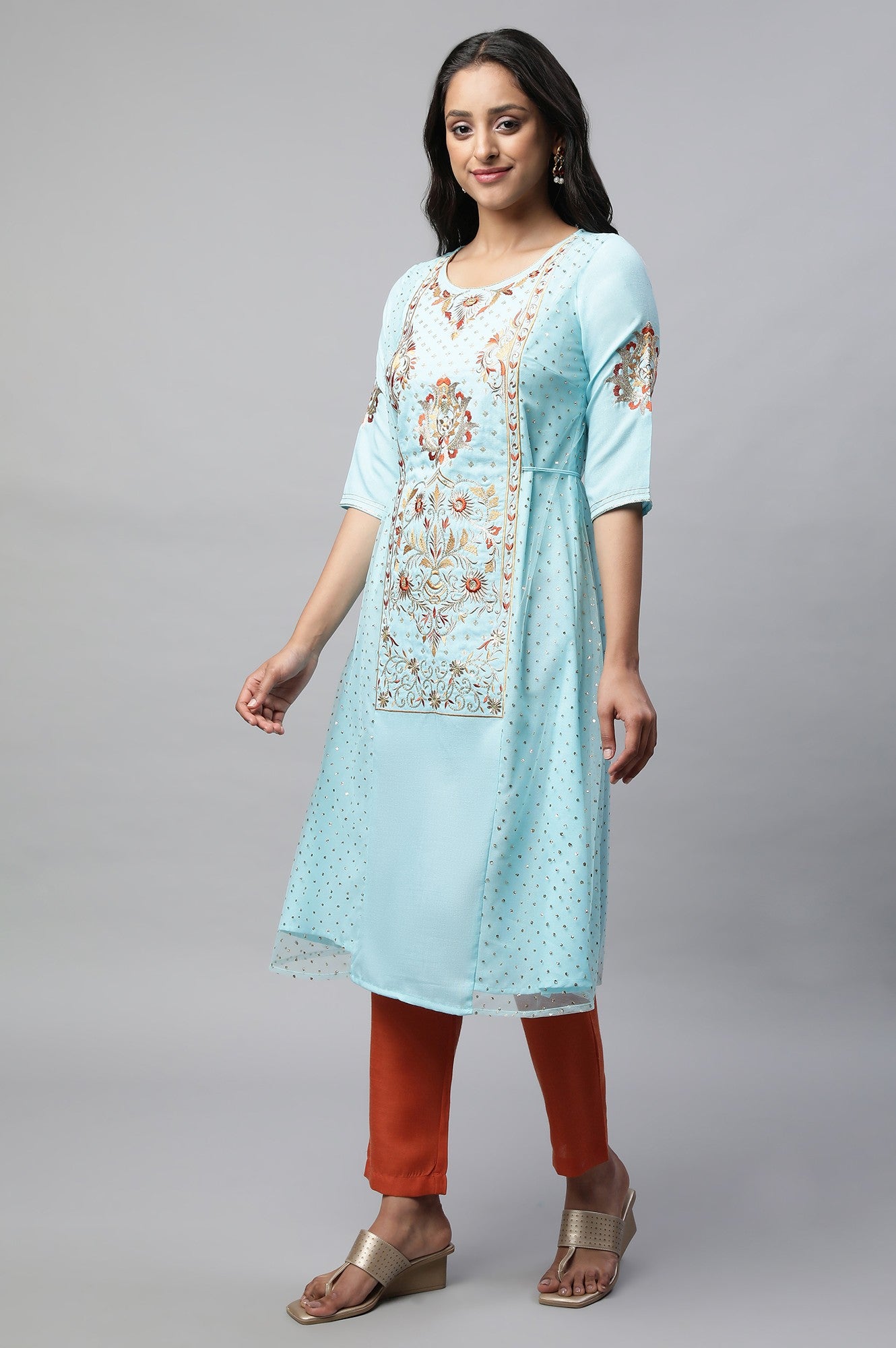 Blue Embroidered kurta With Orange Trousers And Dupatta