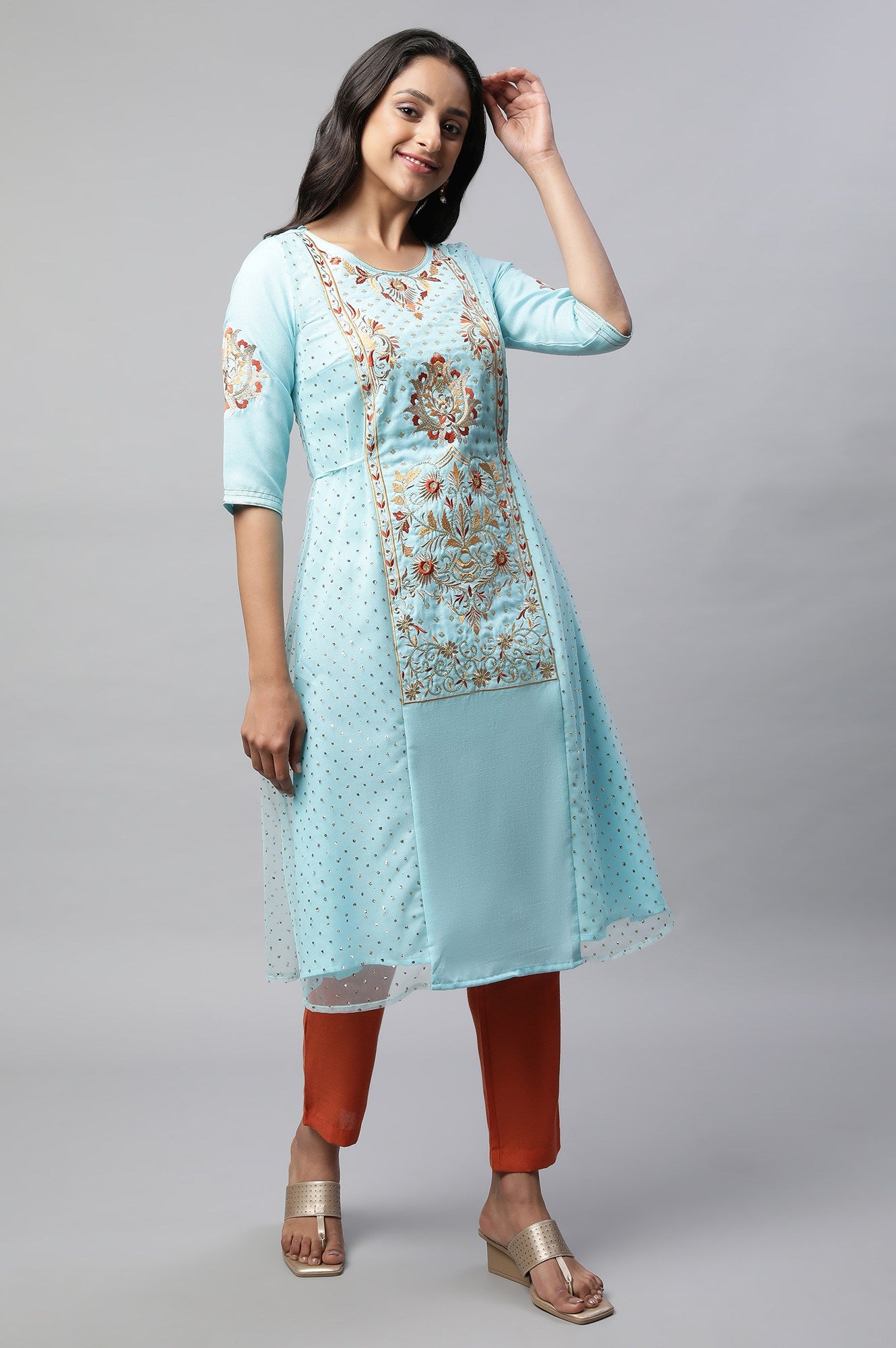 Blue Embroidered kurta With Orange Trousers And Dupatta