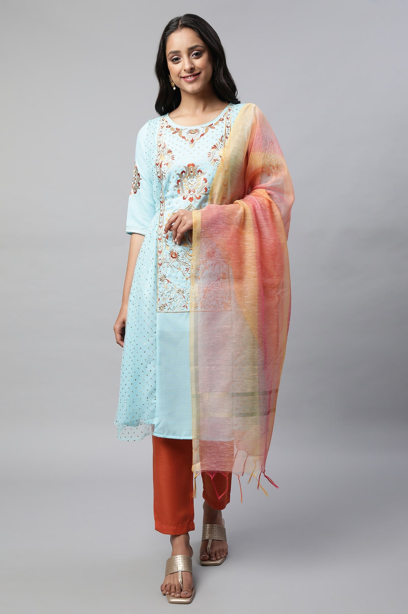 Blue Embroidered kurta With Orange Trousers And Dupatta