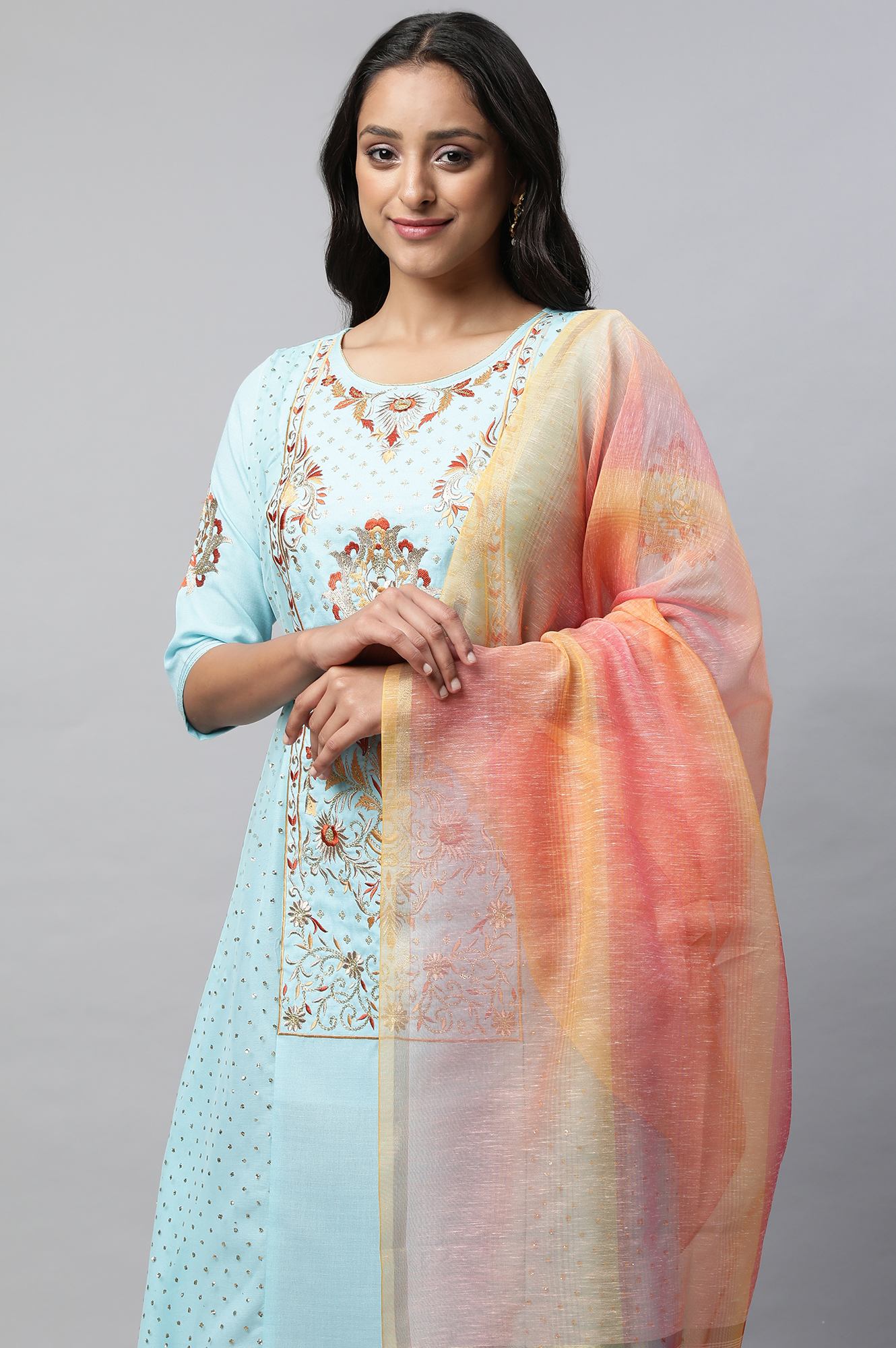 Blue Embroidered kurta With Orange Trousers And Dupatta