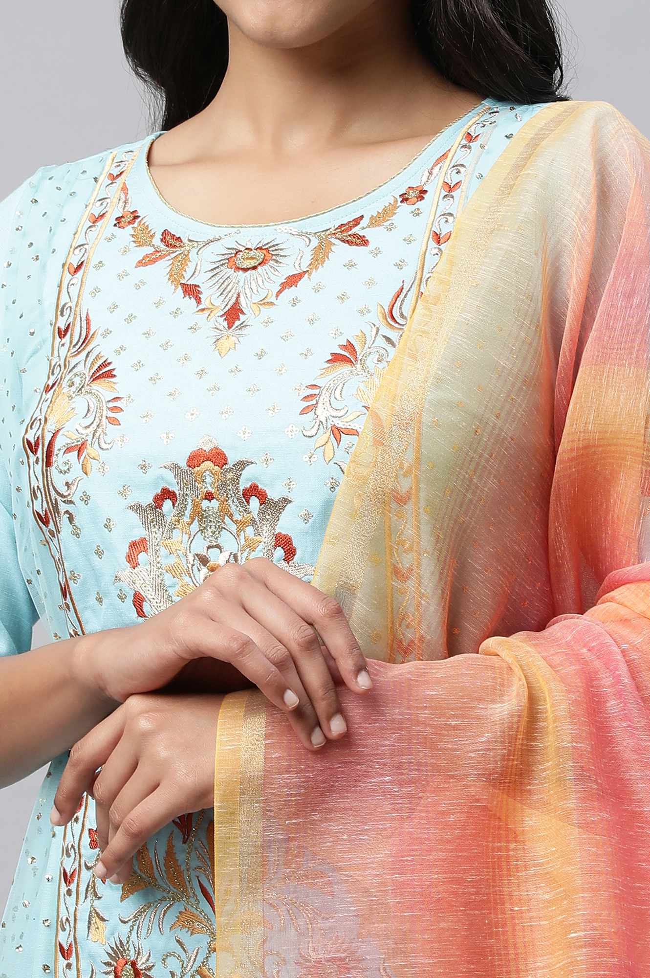 Blue Embroidered kurta With Orange Trousers And Dupatta