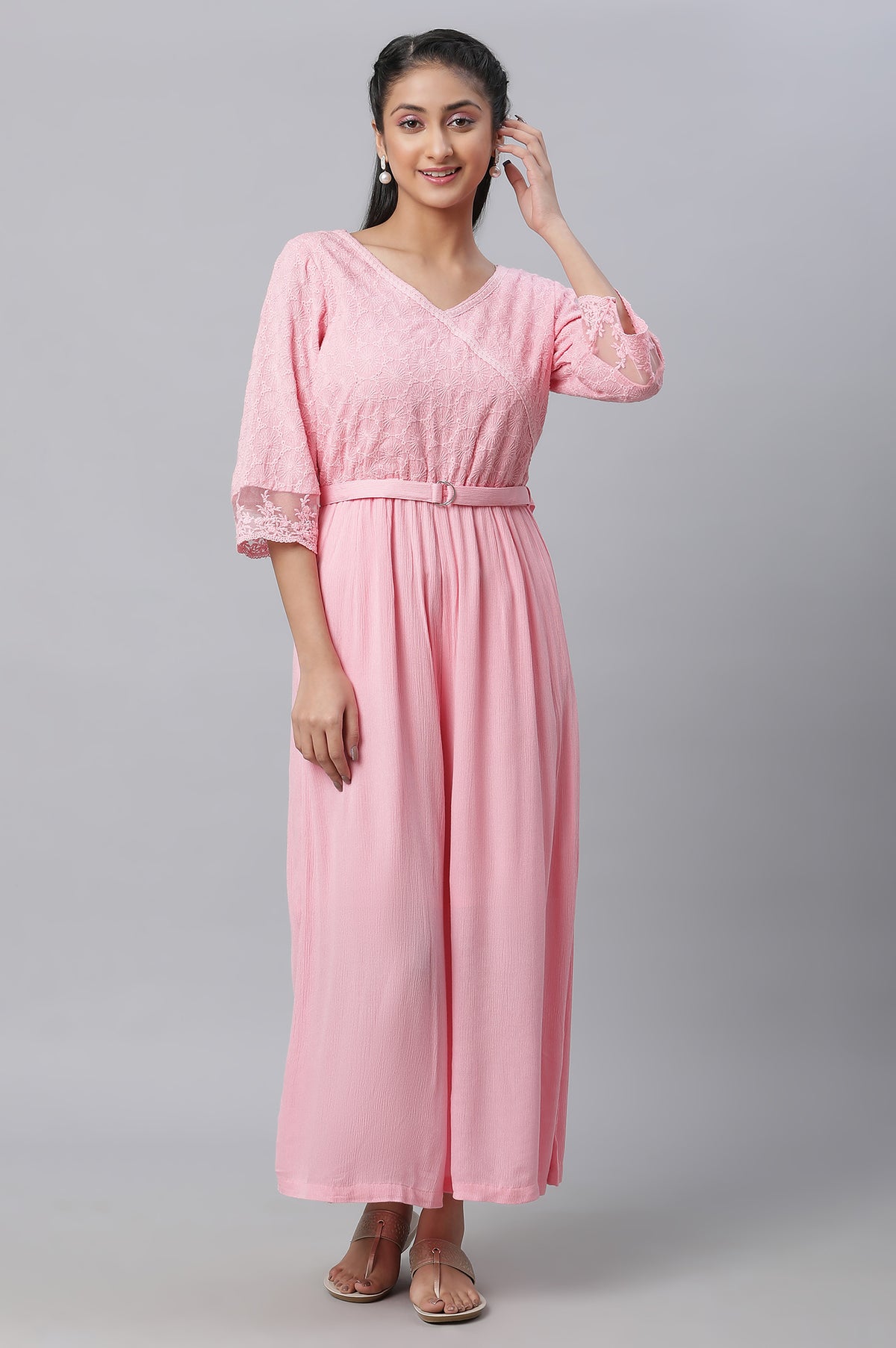 Pink Lace Detailed Jumpsuit In Rayon Crepe - S