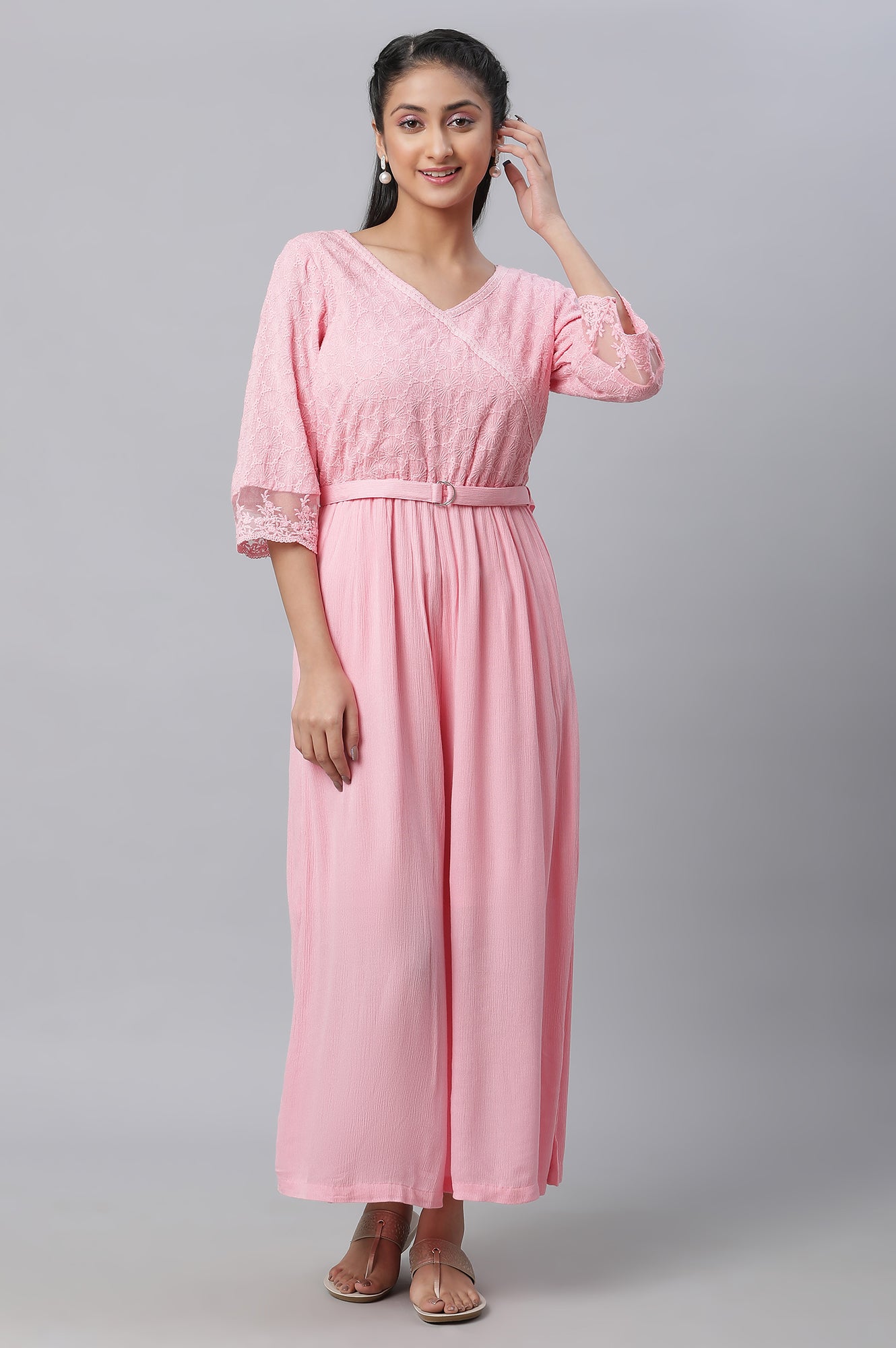 Pink Lace Detailed Jumpsuit In Rayon Crepe