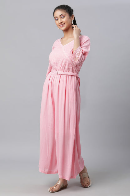 Pink Lace Detailed Jumpsuit In Rayon Crepe