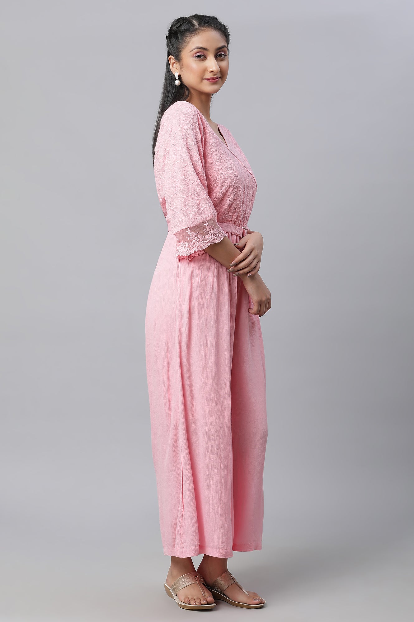 Pink Lace Detailed Jumpsuit In Rayon Crepe