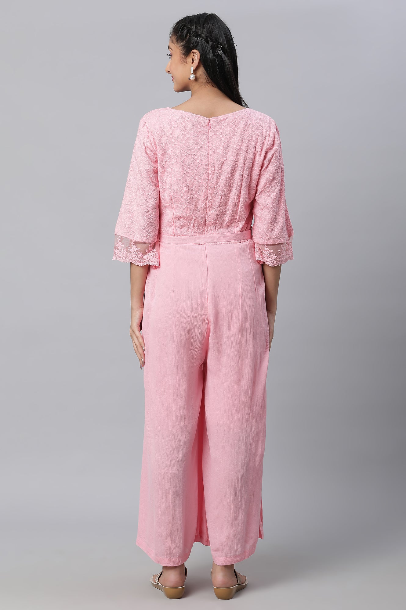 Pink Lace Detailed Jumpsuit In Rayon Crepe