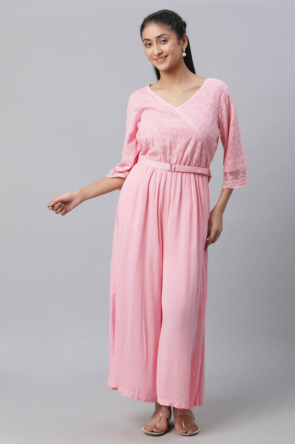 Pink Lace Detailed Jumpsuit In Rayon Crepe