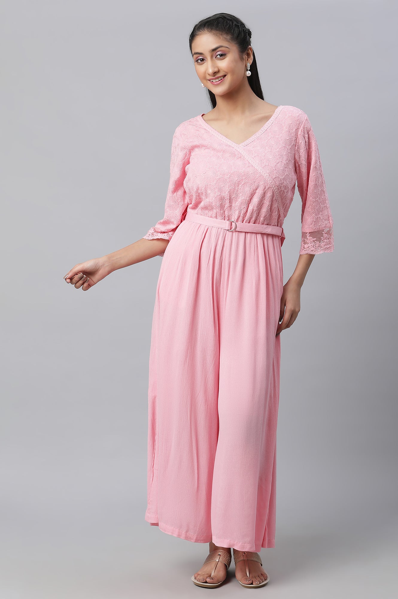 Pink Lace Detailed Jumpsuit In Rayon Crepe