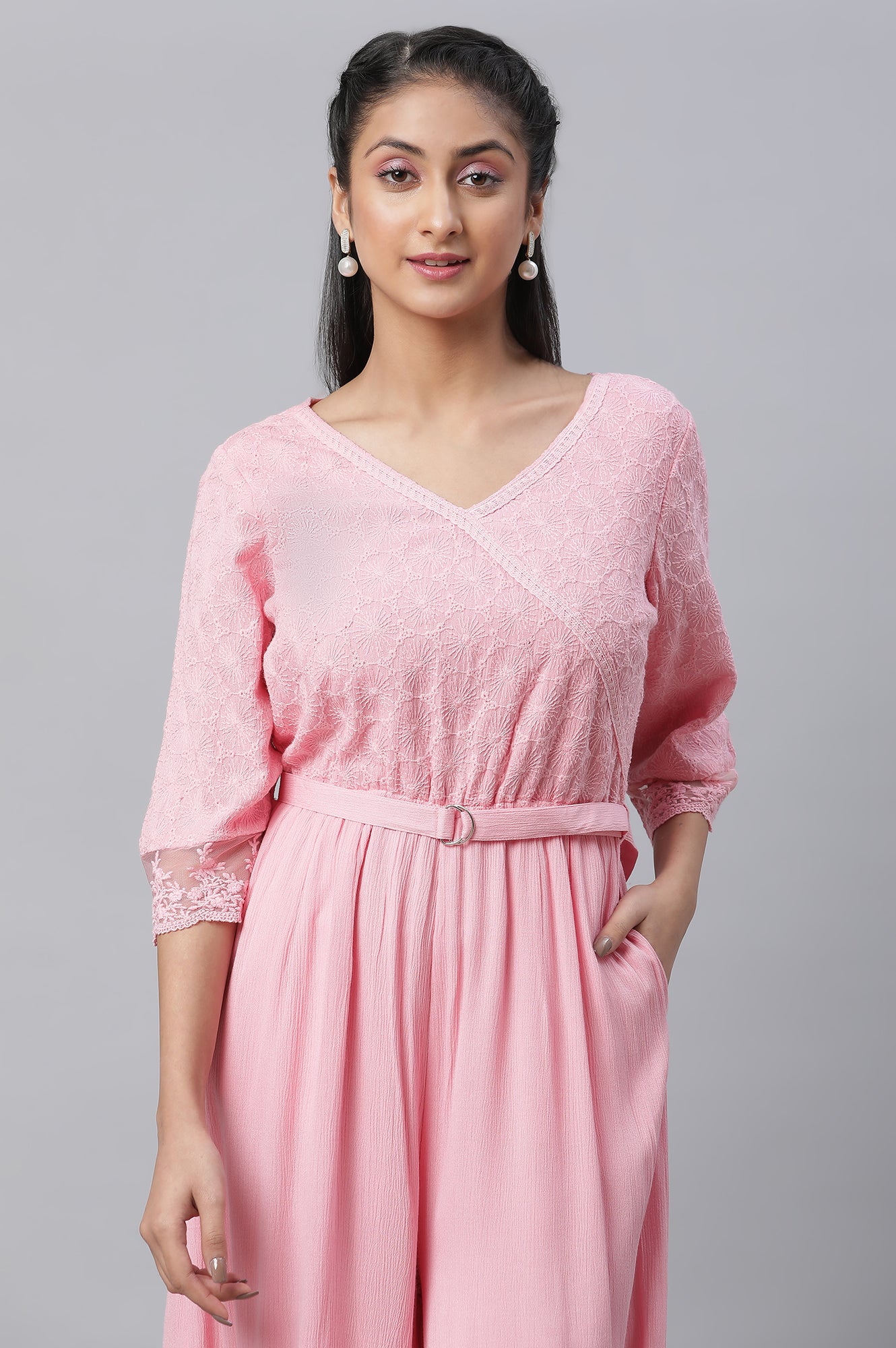 Pink Lace Detailed Jumpsuit In Rayon Crepe