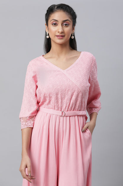 Pink Lace Detailed Jumpsuit In Rayon Crepe