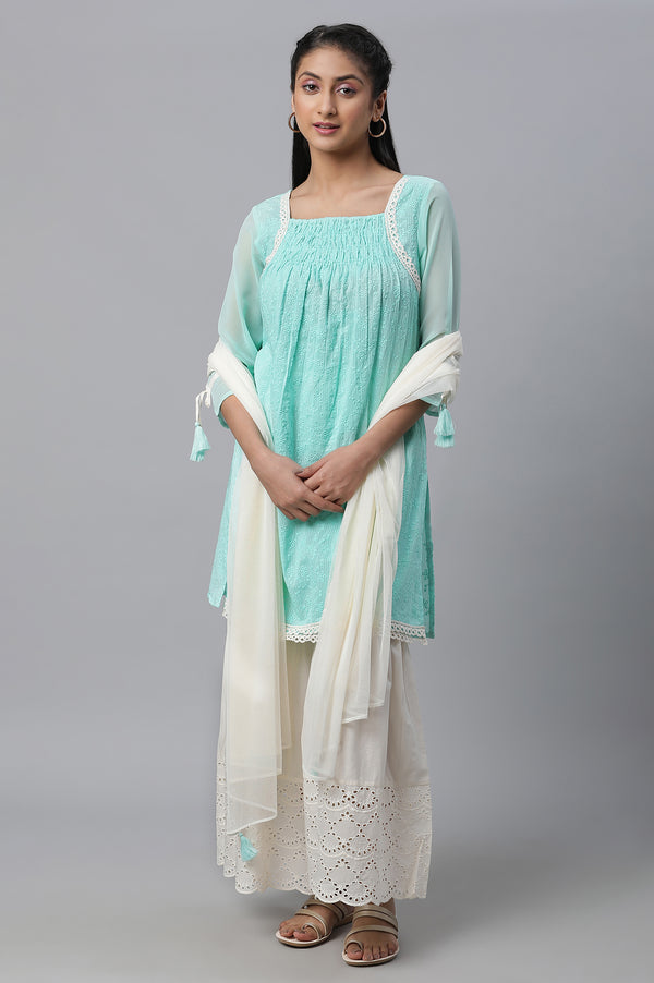 Green Schffli Kurta, Sharara and Dupatta Set