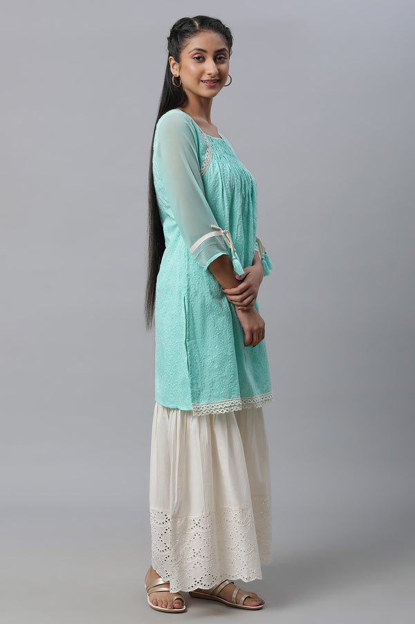 Green Schffli Kurta, Sharara and Dupatta Set