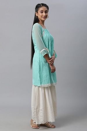 Green Schffli Kurta, Sharara and Dupatta Set