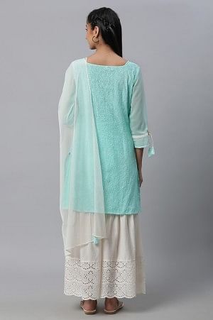 Green Schffli Kurta, Sharara and Dupatta Set