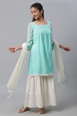 Green Schffli Kurta, Sharara and Dupatta Set