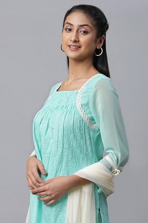 Green Schffli Kurta, Sharara and Dupatta Set