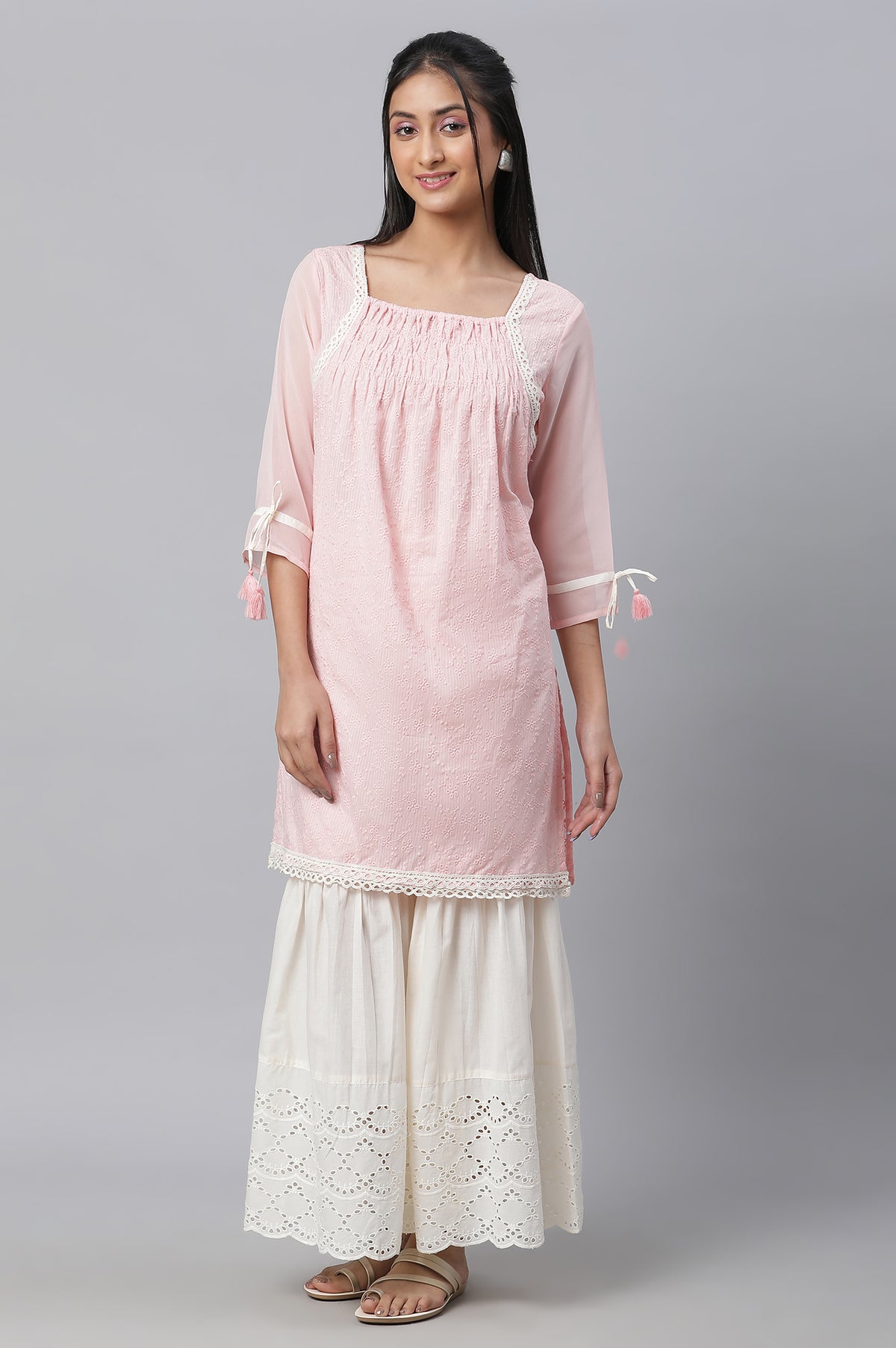 Pin Lace Detailed Short kurta, Sharara & Dupatta Set - S