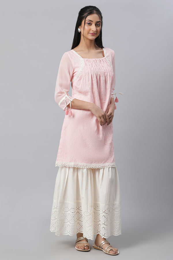 Pin Lace Detailed Short kurta, Sharara & Dupatta Set