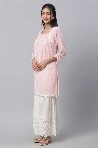 Pin Lace Detailed Short kurta, Sharara & Dupatta Set