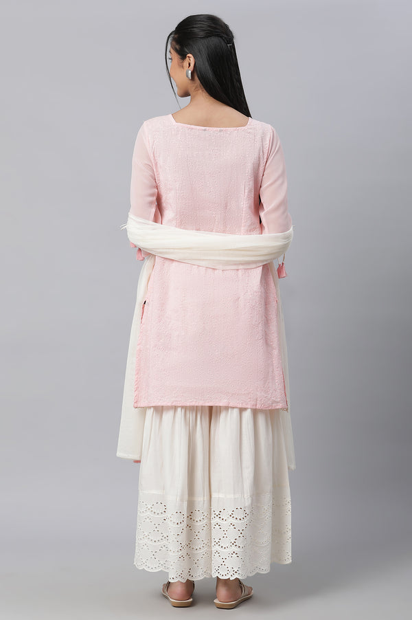 Pin Lace Detailed Short kurta, Sharara & Dupatta Set