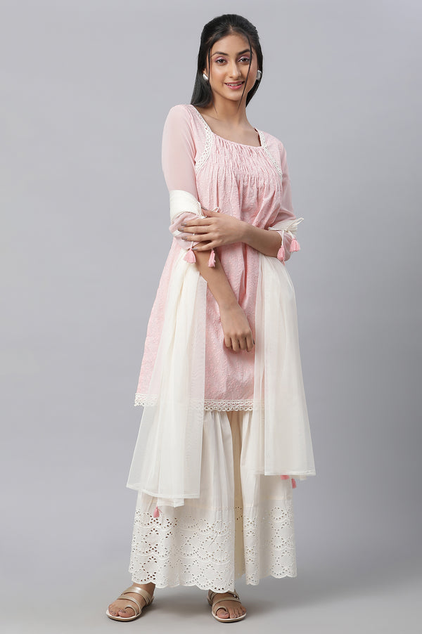 Pin Lace Detailed Short kurta, Sharara & Dupatta Set