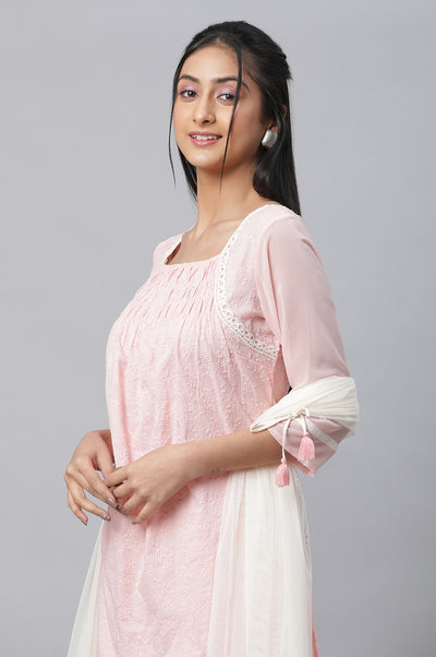 Pin Lace Detailed Short kurta, Sharara & Dupatta Set