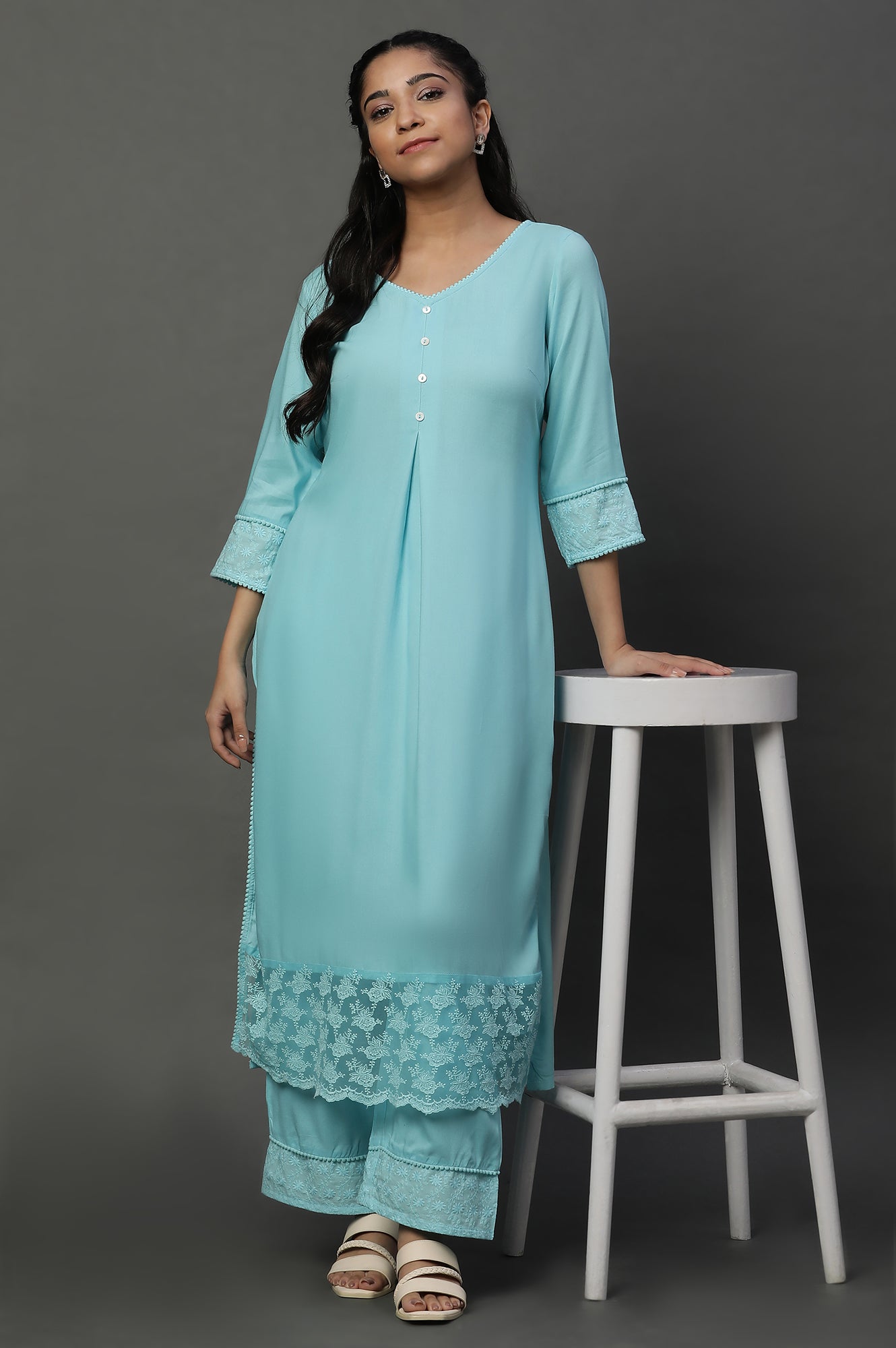 Blue Embroidered Causal Kurta and Palazzo Co-ord Set