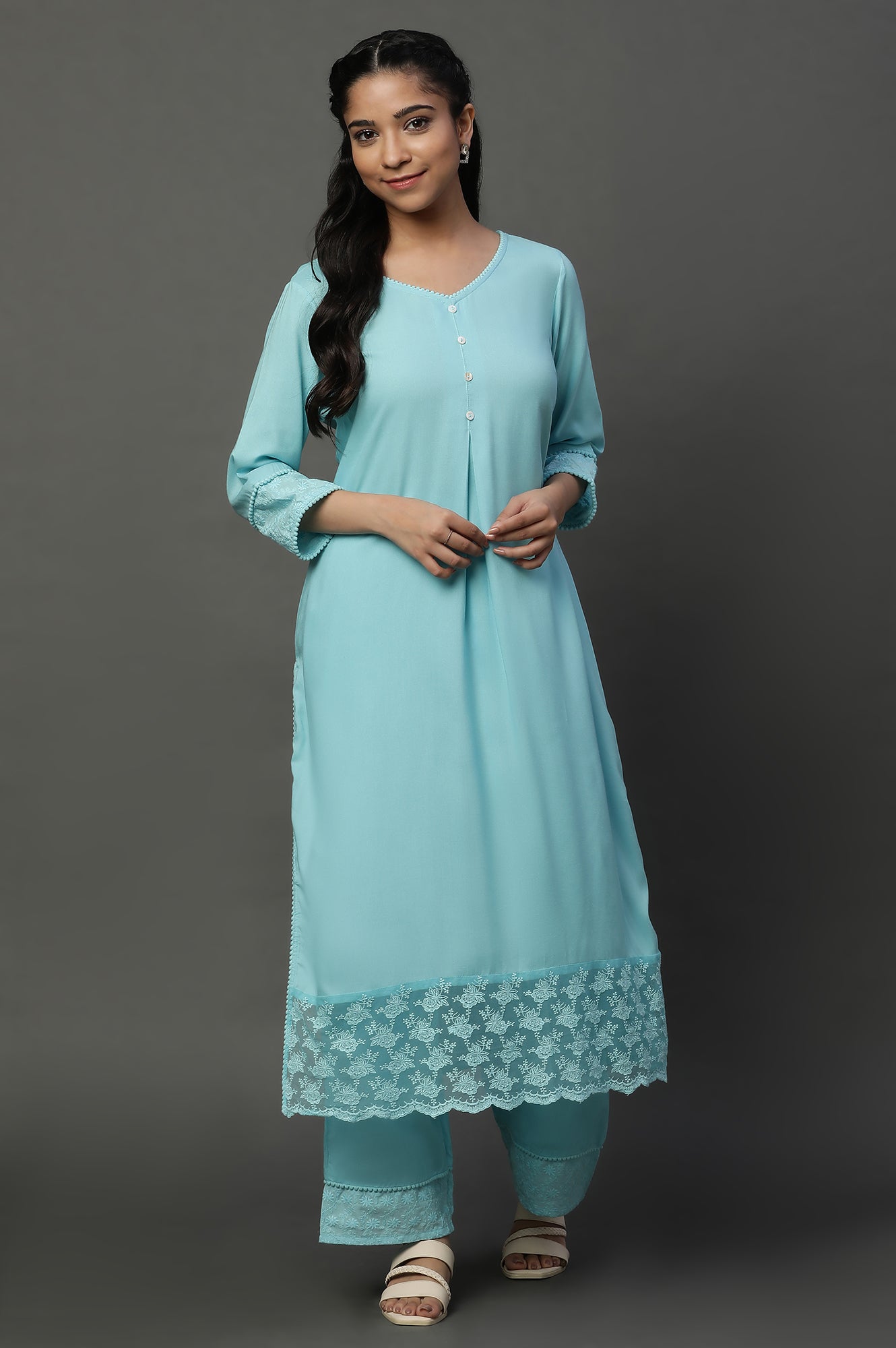 Blue Embroidered Causal Kurta and Palazzo Co-ord Set