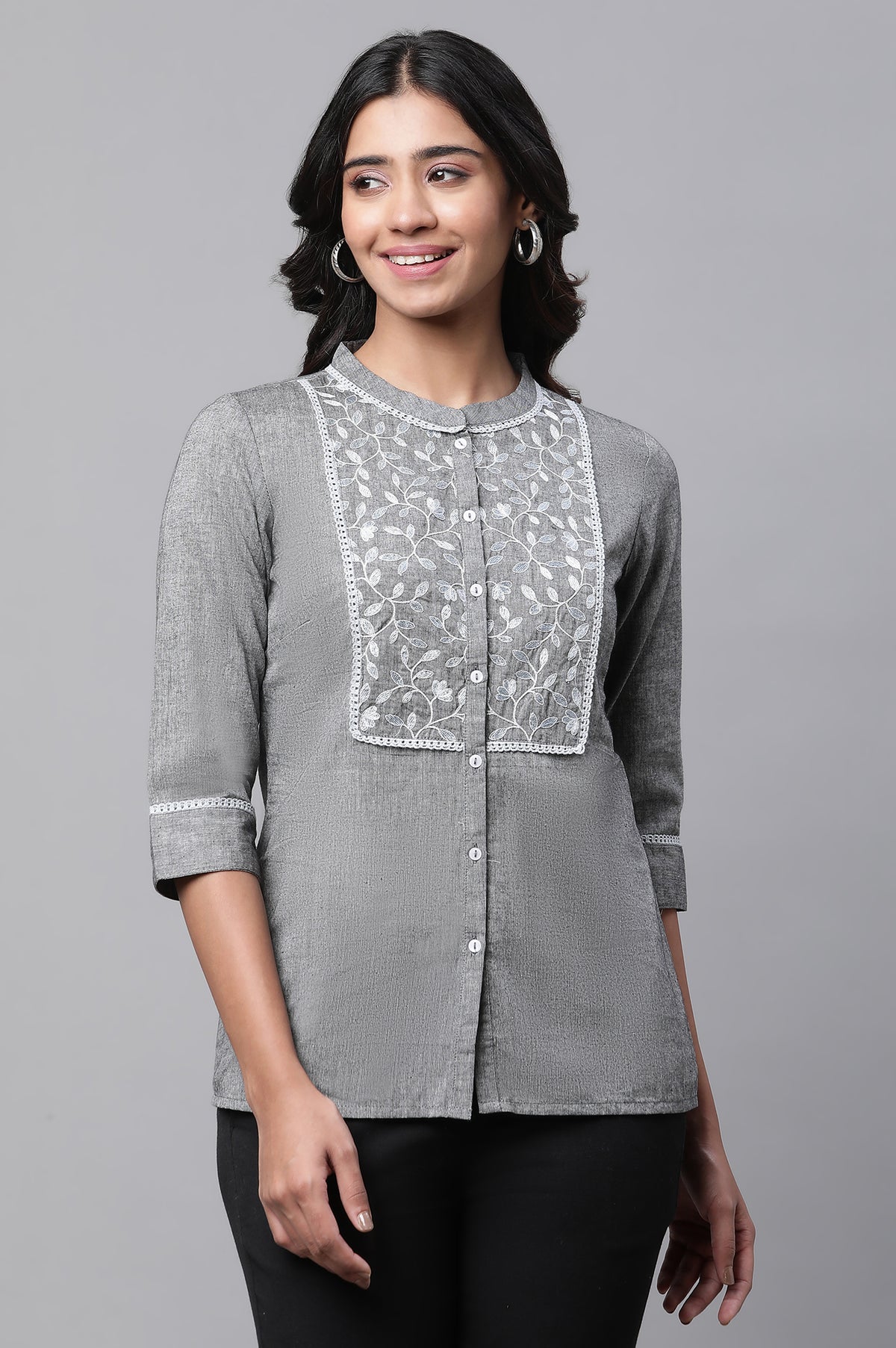Grey Embroidered Short Top - XS