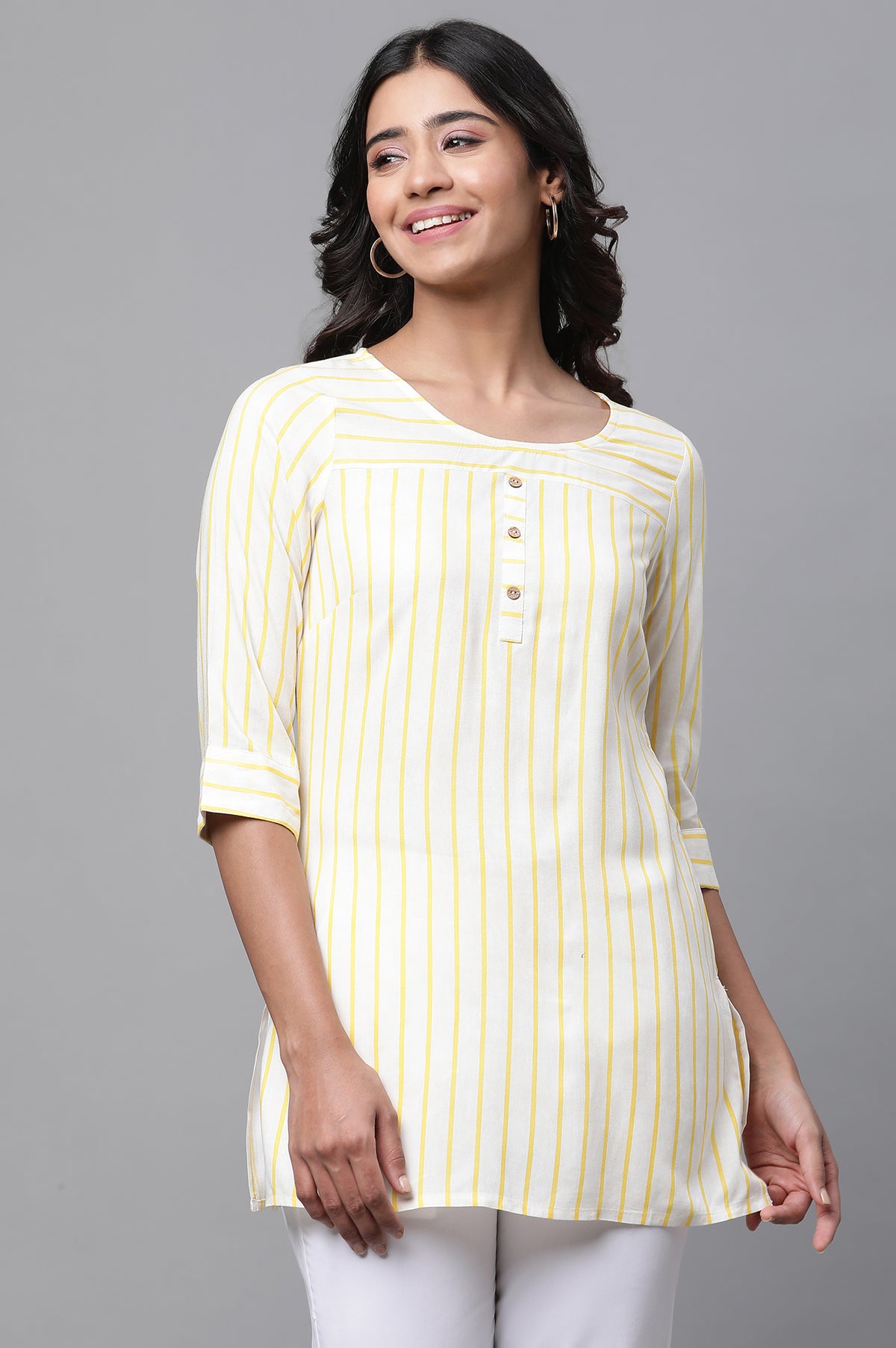 Yellow Stripe Printed Short Kurti - XS